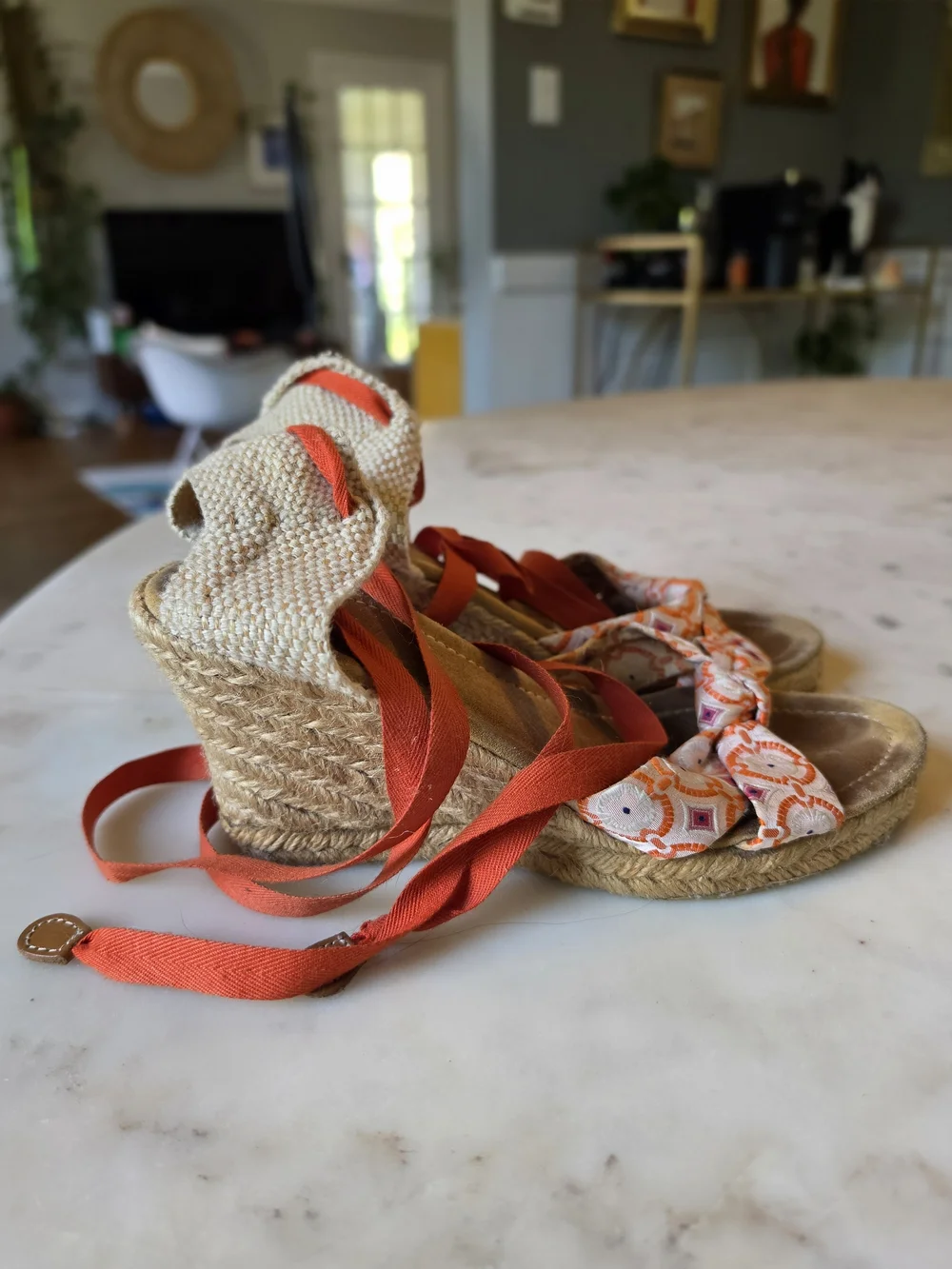 J. Crew Orange Patterned Espadrille Wedge Sandals w/ Orange Tie Straps Size 7.5